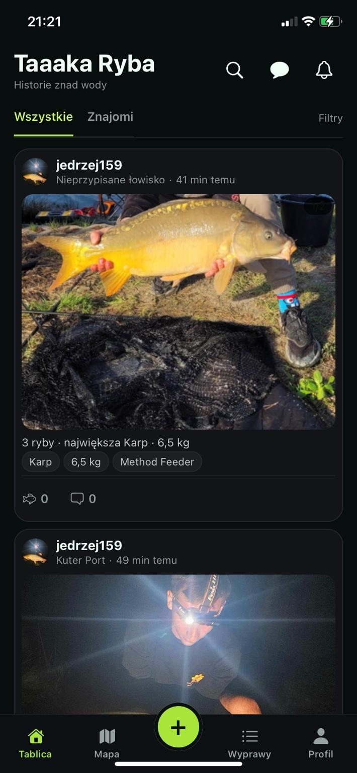 Tablica z aktywnością wędkarzy w aplikacji Taaaka Ryba