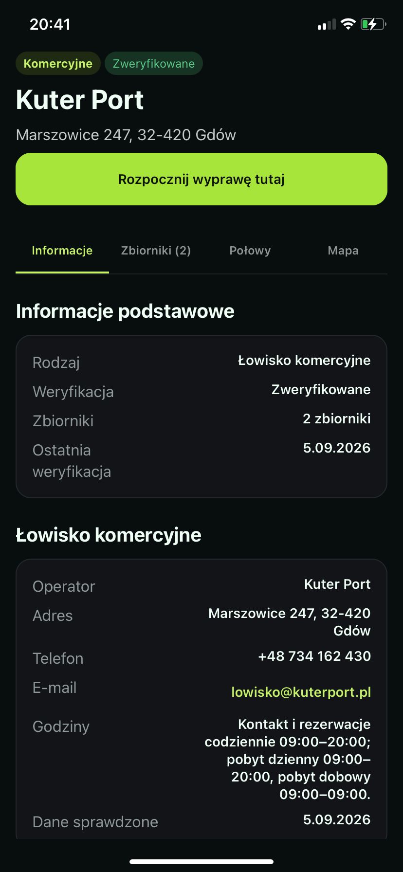 Profil łowiska Kuter Port z adresem, kontaktem i godzinami