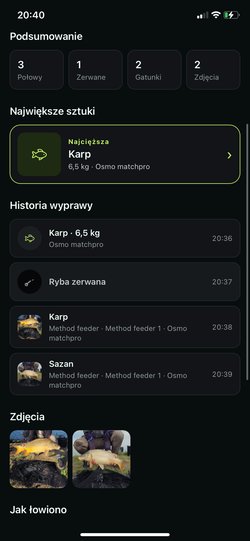 Podsumowanie wyprawy z połowami, historią i zdjęciami w aplikacji Taaaka Ryba